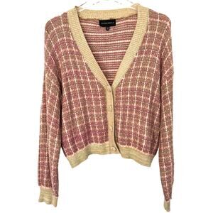 Cotton Candy LA Button Front Crop Knit V-Neck Cardigan Plaid Pink Green Medium